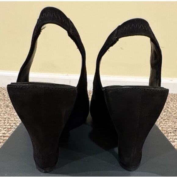 Eileen Fisher Women Black Suede Leather Wedge Peep Toe Slingbak Crescent Shoes 9 - Picture 7 of 12